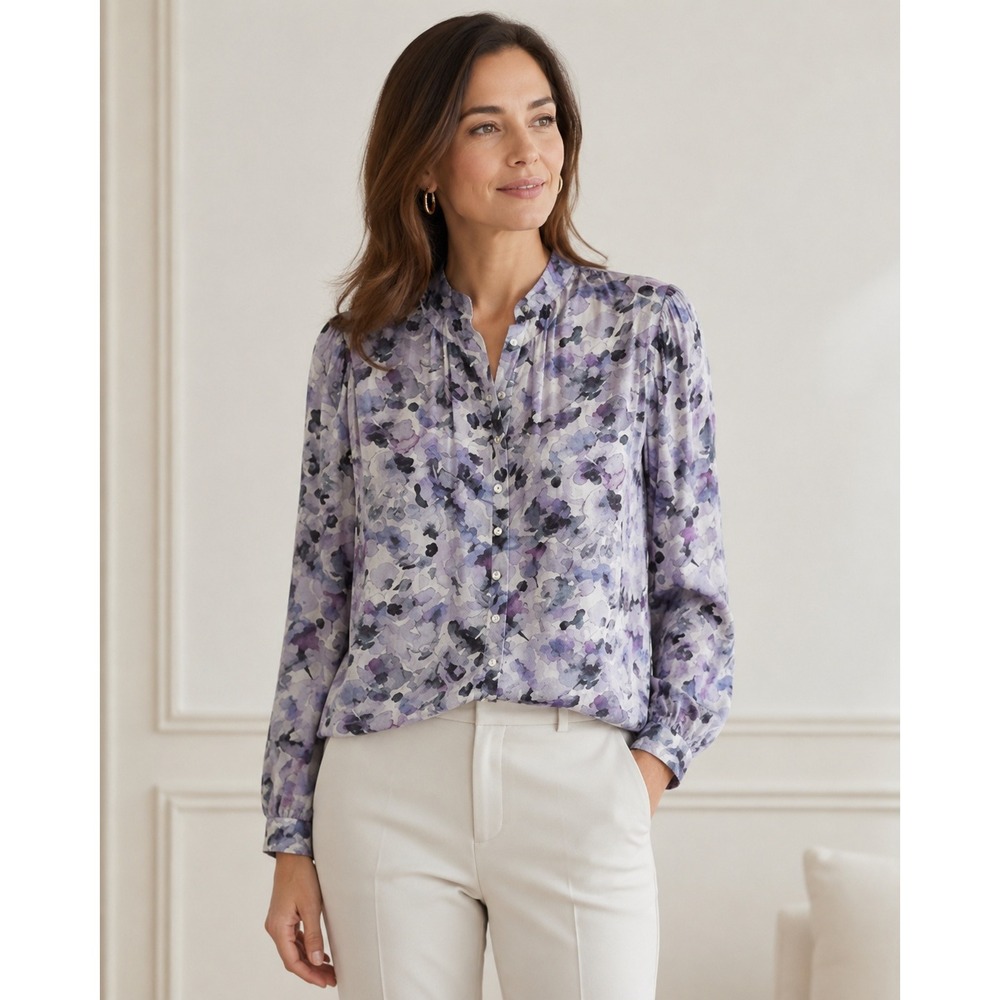 Bella Dahl Button Down Top Womens Small Purple Watercolor Floral Mock Neck